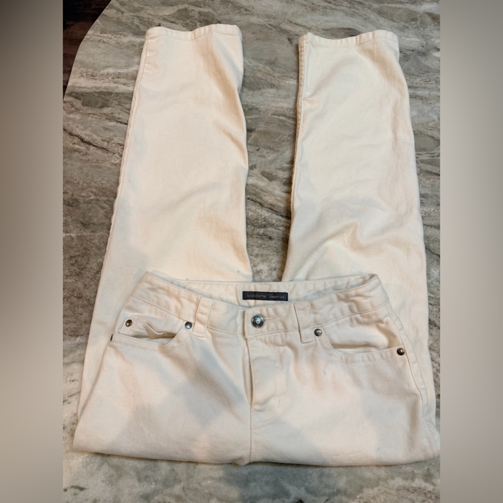 LOFT Petite 2P Straight Leg White Denim Jeans Women’s Stretch Mid Rise